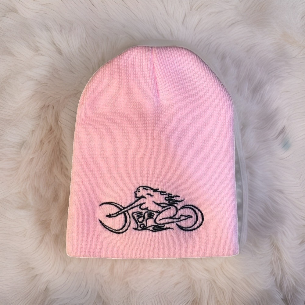 Magic Headwear Pink Beanie Woman Motorcycle Biker Embroidered Knit Hat NWOT